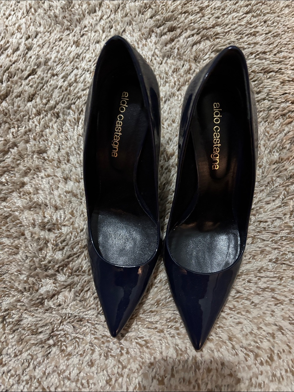 Aldo Castagna Navy Patent Pointed-Toe Pumps